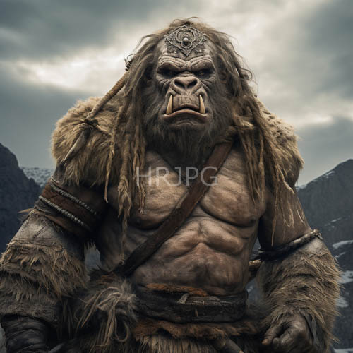 mountainous primate warriors adorned with tribal beads and leather armor