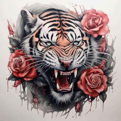 tiger heads clash with delicate floral petals on stark white background