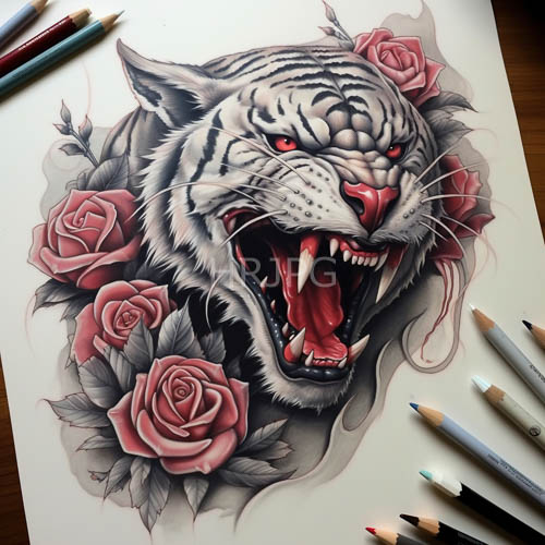 whitetiger tattoo designs showcase snarling expressions amidst colorful pencils on wooden desktops