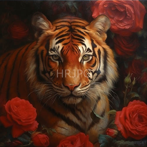 High Resolution: Bengal Tigers Prowl Through Foliage and CrimsonRed Rose Bouquets in Dense Jungle Setting download. | HRJPG.com