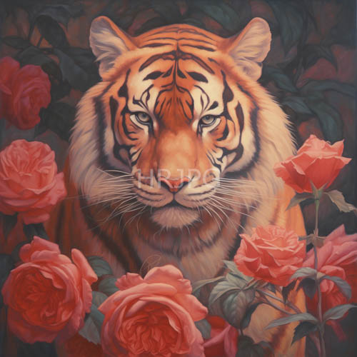 felines with sharp amber eyes gaze out from behind fullbloom deeppink roses in dark forest