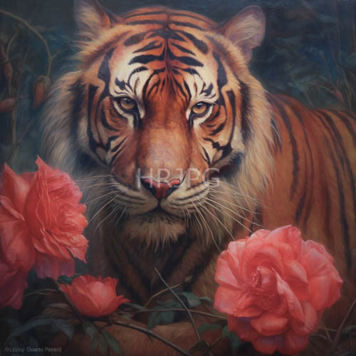 striped predators amidst dense forests and elegant floral bouquets