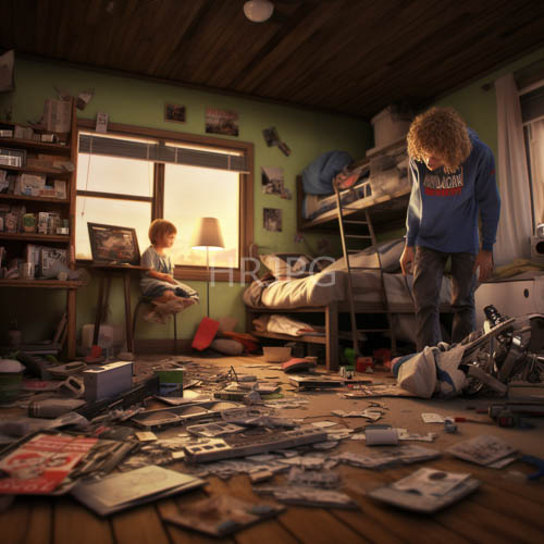 childhood exploration of sunlit spaces amidst electronic chaos and cluttered bookshelves