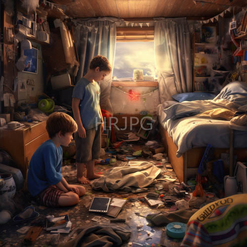 energetic youth amidst piles of toys and clothing in a shared bedroom