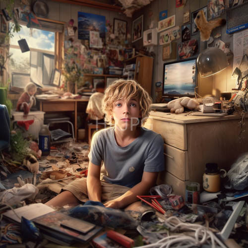 High Resolution: Blonde Young Man Amidst Piles of Paper and Pencils in Sunlit Bachelor Pad download. | HRJPG.com