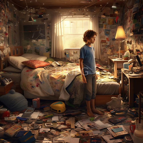 curlyhaired boys in pajamas amidst chaotic charm of toyandbookfilled sleeping quarters