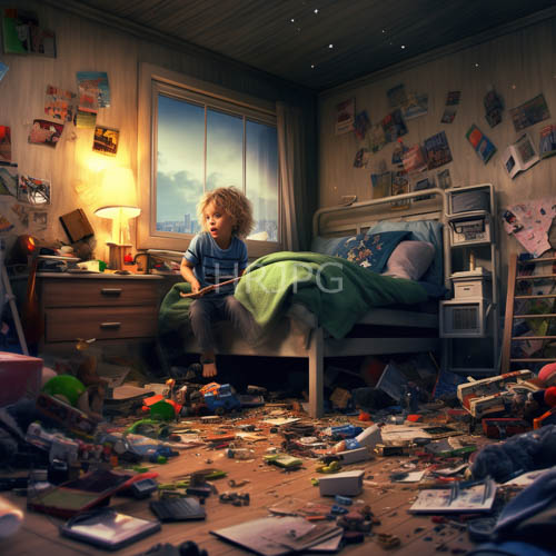 childhood room with cozy lamplight and messy papercluttered floor space