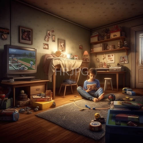 curlyhaired gamer sits crosslegged amidst toys in a cozy bedroom with filtered golden light