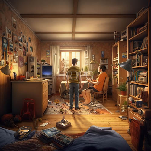 teenagers focus on shared academic growth in woodfloored bedrooms with patterned wallpaper