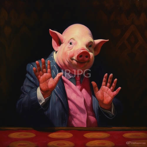 pinstriped pigs react with surprise above yellow circles on patterned tablecloth in formal setting