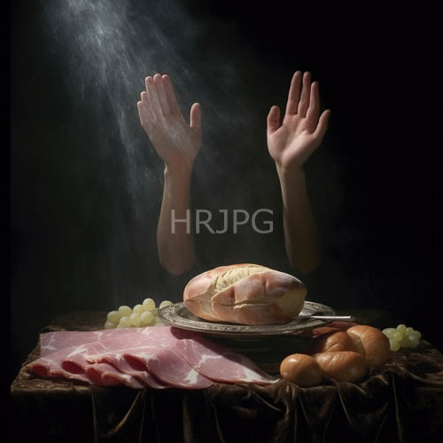 hands reaching toward morning platters of bacon and fresh green grapes in morning light