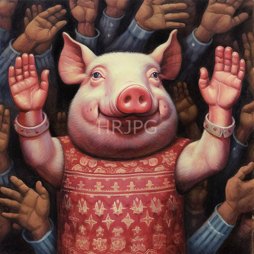 pig in starpatterned red clothing surrounded by human hands in a dark void
