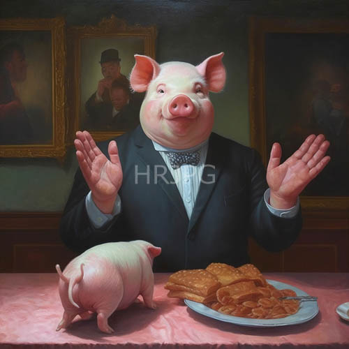 High Resolution: Tuxedoclad swine gather for formal dinner party with piglets on green tablecloths with framed portraits download. | HRJPG.com