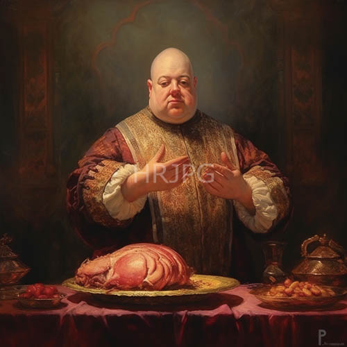 medieval robes drape overweight bald man as he gestures toward centerpiece roasted pig on golden platter in dark study