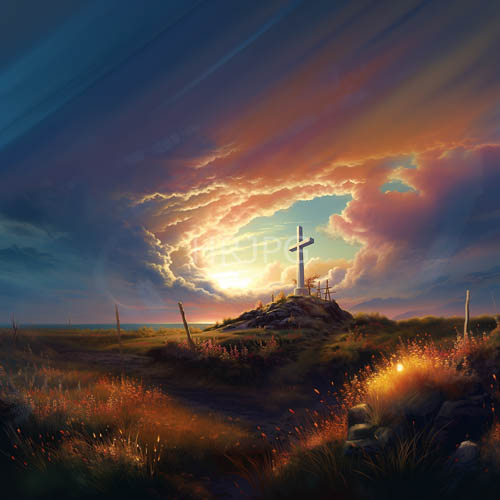 sunset crosses amidst rocky terrain with fading orange grasses and pierced dramatic clouds