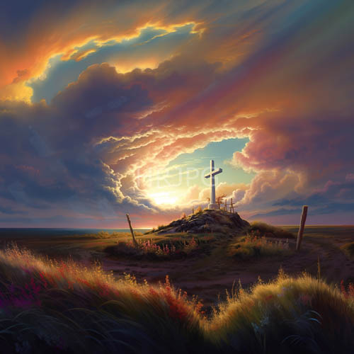 sunset over grassy hills with solitary cross and wildflowers amidst goldenorange clouds