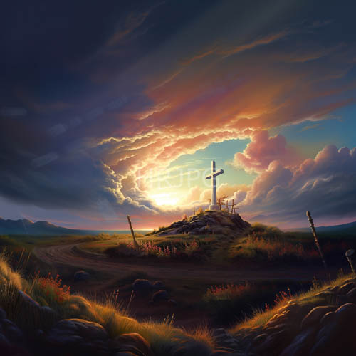 mountainous terrain transformed by fading sunset light and celestial clouds