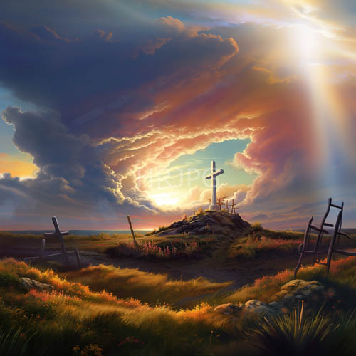 High Resolution: Solitary Cross Amidst Grassland Under Fading Sunset Light Amidst Earthtoned Hills download. | HRJPG.com