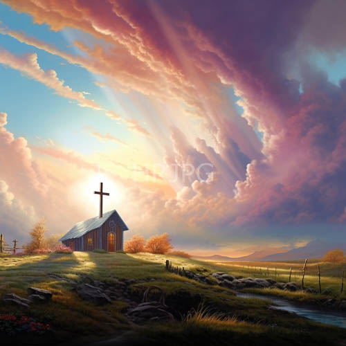 rustic wood chapels bask in dappled sunset light amidst countryside landscape