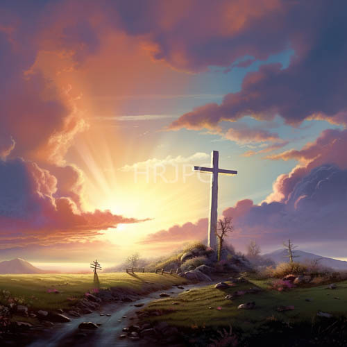 elevated grassy hills frame a tall cross silhouette with sparse trees and rocky foreground textures