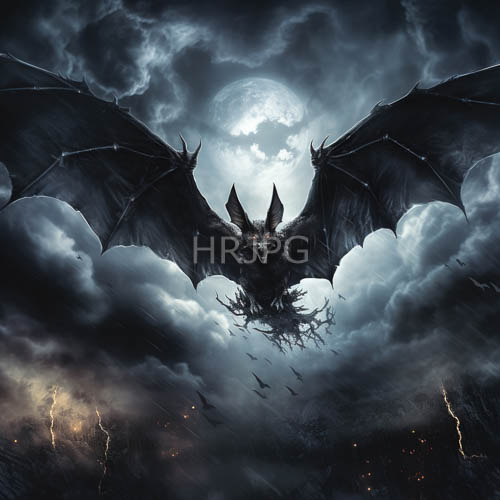 moonlit flight of enormous black bat over rugged cloudy mountainsides under lightning