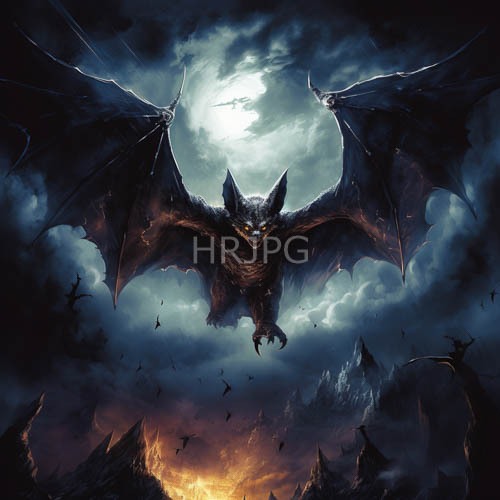 menacing bats soar high amidst jagged mountains at fiery sunset with cool moonlit sky