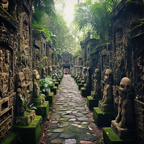 ancient indonesian temple corridor unveils stone statues amidst lush greenery and tropical foliage
