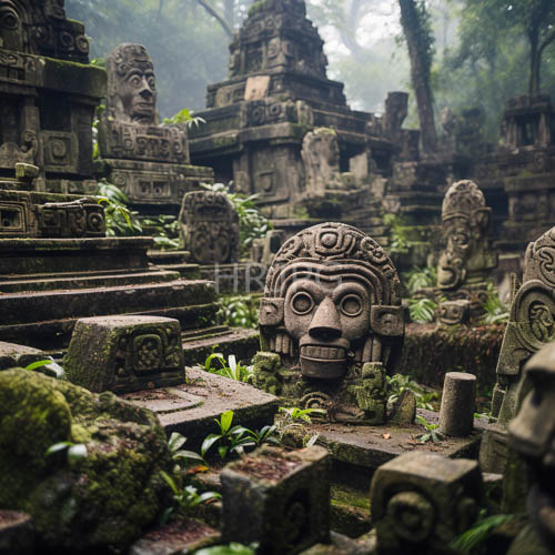 ancient mosscovered statues guard the jungle temple with intricate mayanstyle headpieces