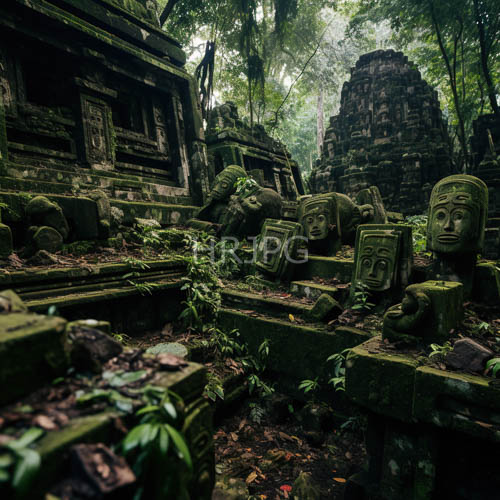 weathered temple ruins scattered within dense jungle foliage