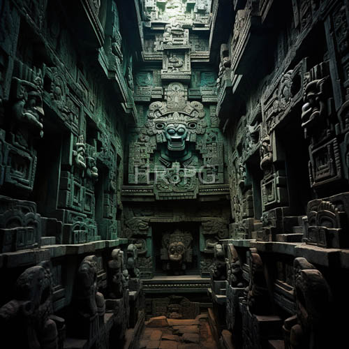 intricate stone carvings and statues in dimly lit temple recesses