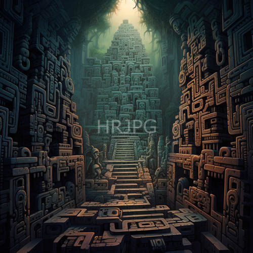 High Resolution: Pyramidshaped structures sit at the center of intricately carved stone temple under diffused misty light download. | HRJPG.com