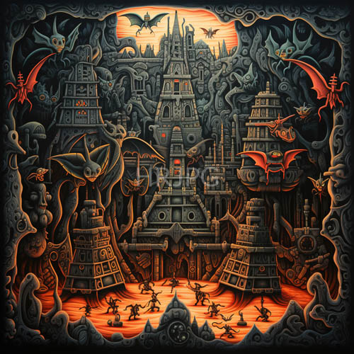 city of fiery skies adorned with intricate gray patterns and red accents