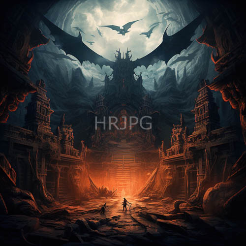ominous temple architecture characterizes a dark mystical journey under a full moons orange glow