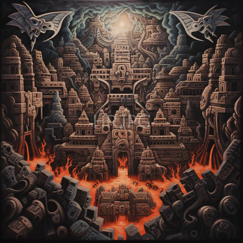 High Resolution: Fantasy Worlds Volatile Urban Landscape Amidst Fiery Lava and Menacing Winged Skulls download. | HRJPG.com