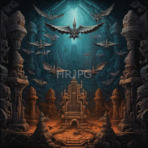 ancient ruined temples stand in dark brown hues illuminated by dim blue light from above amidst rocky cavern walls adorned with intricate carvings