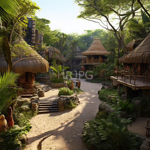 tropical village amidst rocky terrain under clear blue skies with sunlit pathway