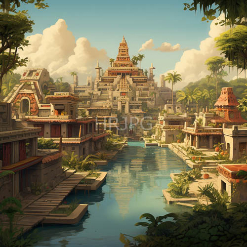 ancient stone buildings surround canal in lush city with palm trees and white clouds