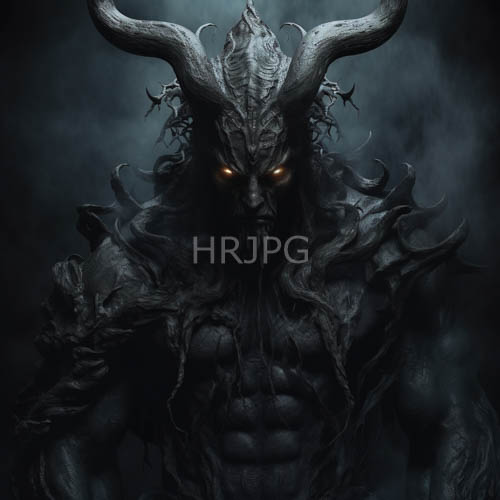 High Resolution: Demon with Twisted Horns and Tangled Vines in a Haunted Mysterious Fantasy Setting under Overcast Skies download. | HRJPG.com