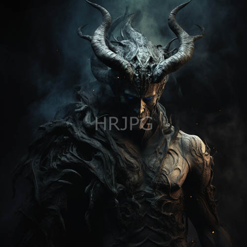 demon with horned helmets and armorlike skin textures in smoky blueblack background