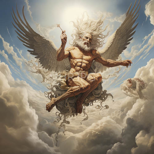 muscular male angels fly amidst fluffy clouds under bright sunlight