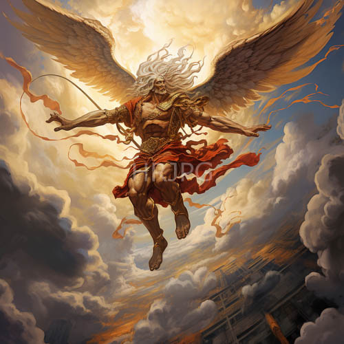 muscular figures soar through clouds with flowing red robes shining in sunlight amidst celestial flight