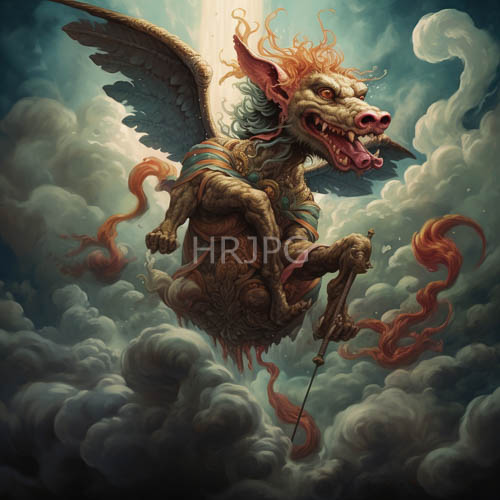 High Resolution: Anthropomorphic Pig Soars Through Cloudy Skies on Wings and Wields Elegant Staff download. | HRJPG.com