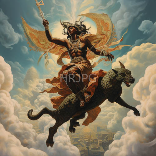 mythical figures ride muscular panthers through wispy clouds of orange haze