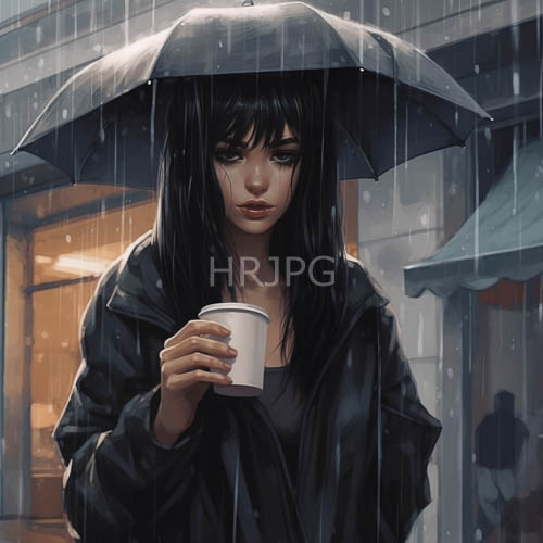 rain soaked urban asphalt surfaces reflect wet umbrella silhouettes and coffee