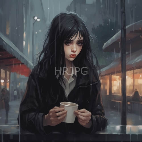 young women sit at outdoor caf s in rain holding white coffee cups amidst gray raindrenched world