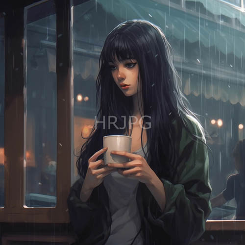 animestyle women in contemplation stand in front of rainstreaked windows with mugs