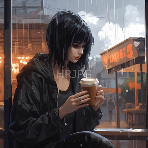 High Resolution: Rainy Night Urban Solace in NeonLit Café with Quiet Women in Dark Attire download. | HRJPG.com