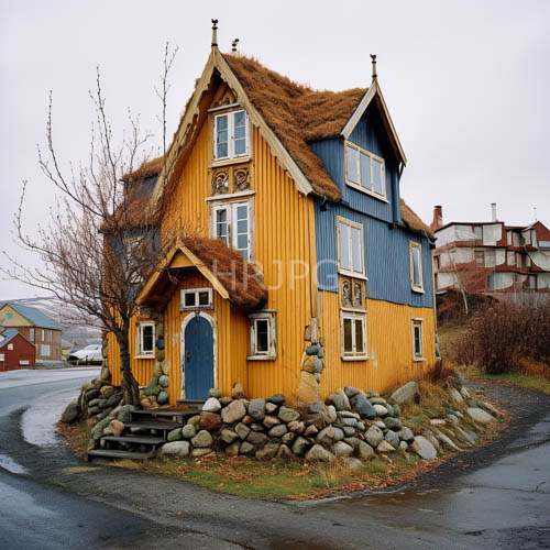 eclectic twostory houses with yellowandblue wooden panels and steep thatched roofs