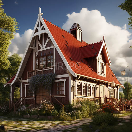 ornate wooden cottages under sunlit canopy of lush trees and vibrant blooms
