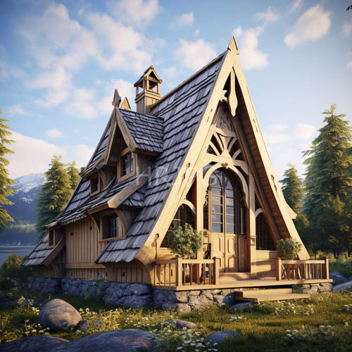 wooden cottage architecture amidst lush greenery on rocky terrain under blue sky